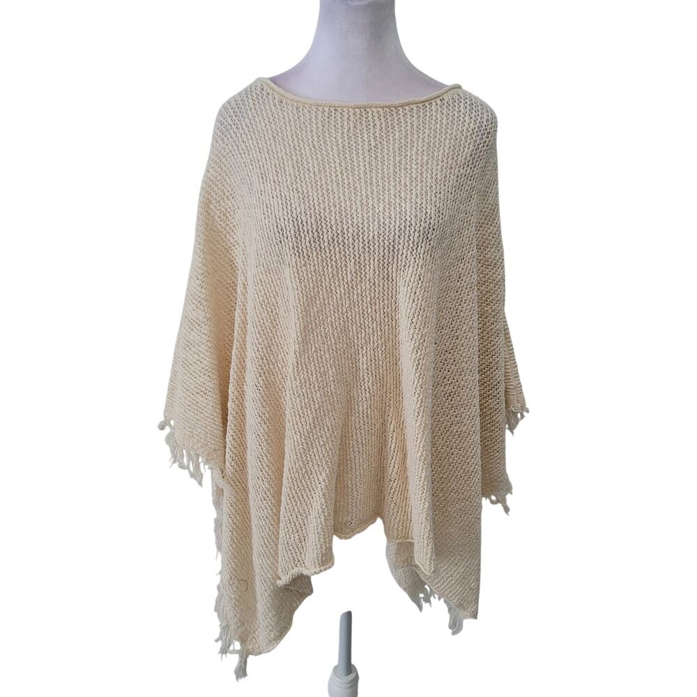Eileen Fisher Size OS Cream Open Knit Fringe Hem Shawl